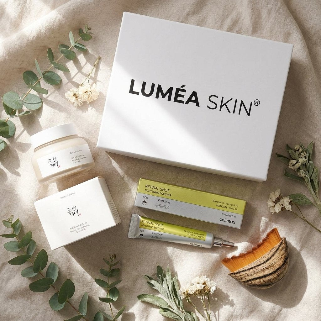 Coffret Institut LuméaSkin — flatlay botanique