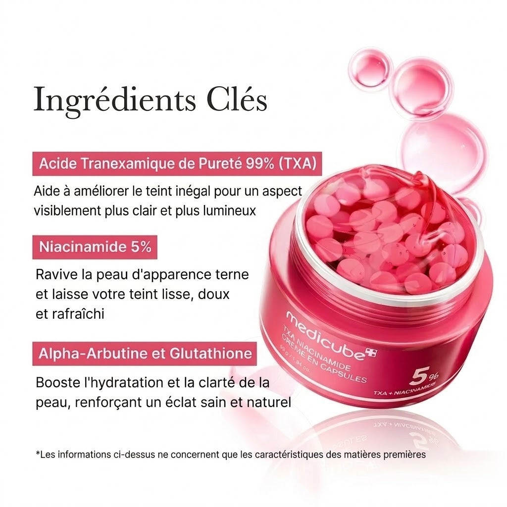 Medicube TXA — ingrédients clés : acide tranexamique pureté 99%, niacinamide 5%, alpha-arbutine et glutathion
