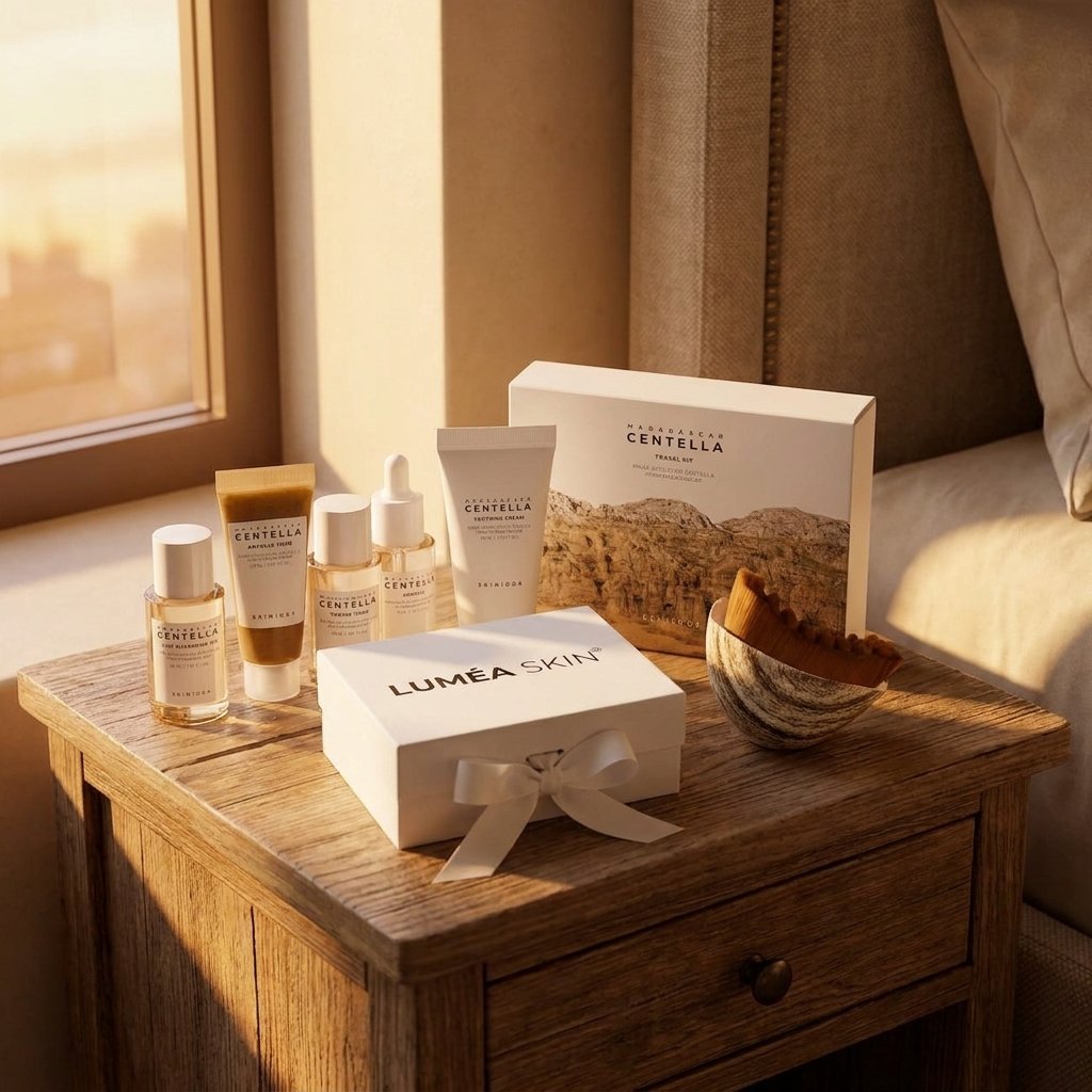 Pack Voyage Centella + Brosse LuméaSkin — chevet hotel coucher soleil