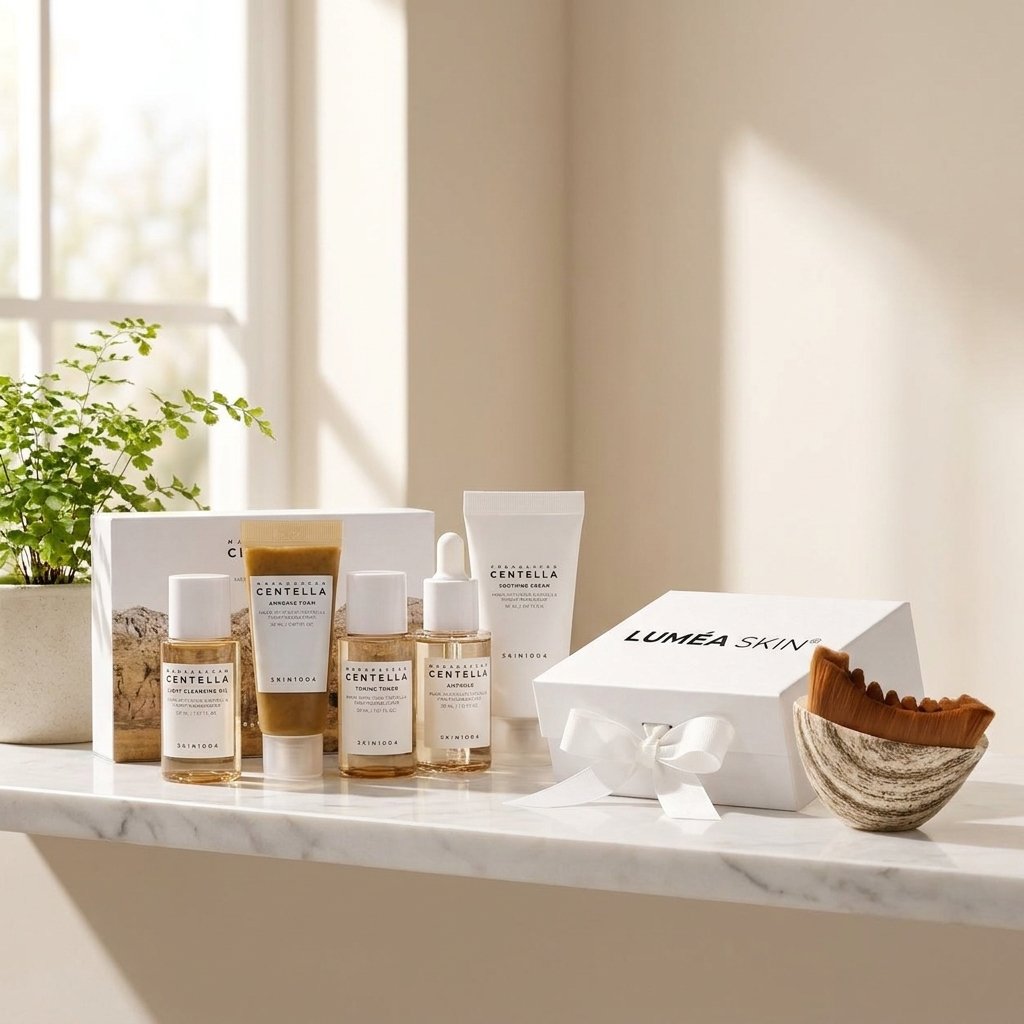 Pack Voyage Centella + Brosse LuméaSkin — salle de bain marbre