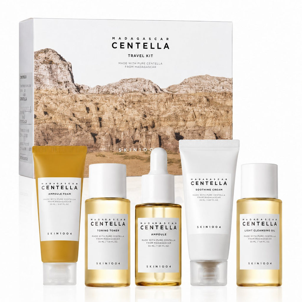 SKIN1004 Madagascar Centella Travel Kit — coffret 5 soins voyage : ampoule foam, toning toner, ampoule, soothing cream, light cleansing oil
