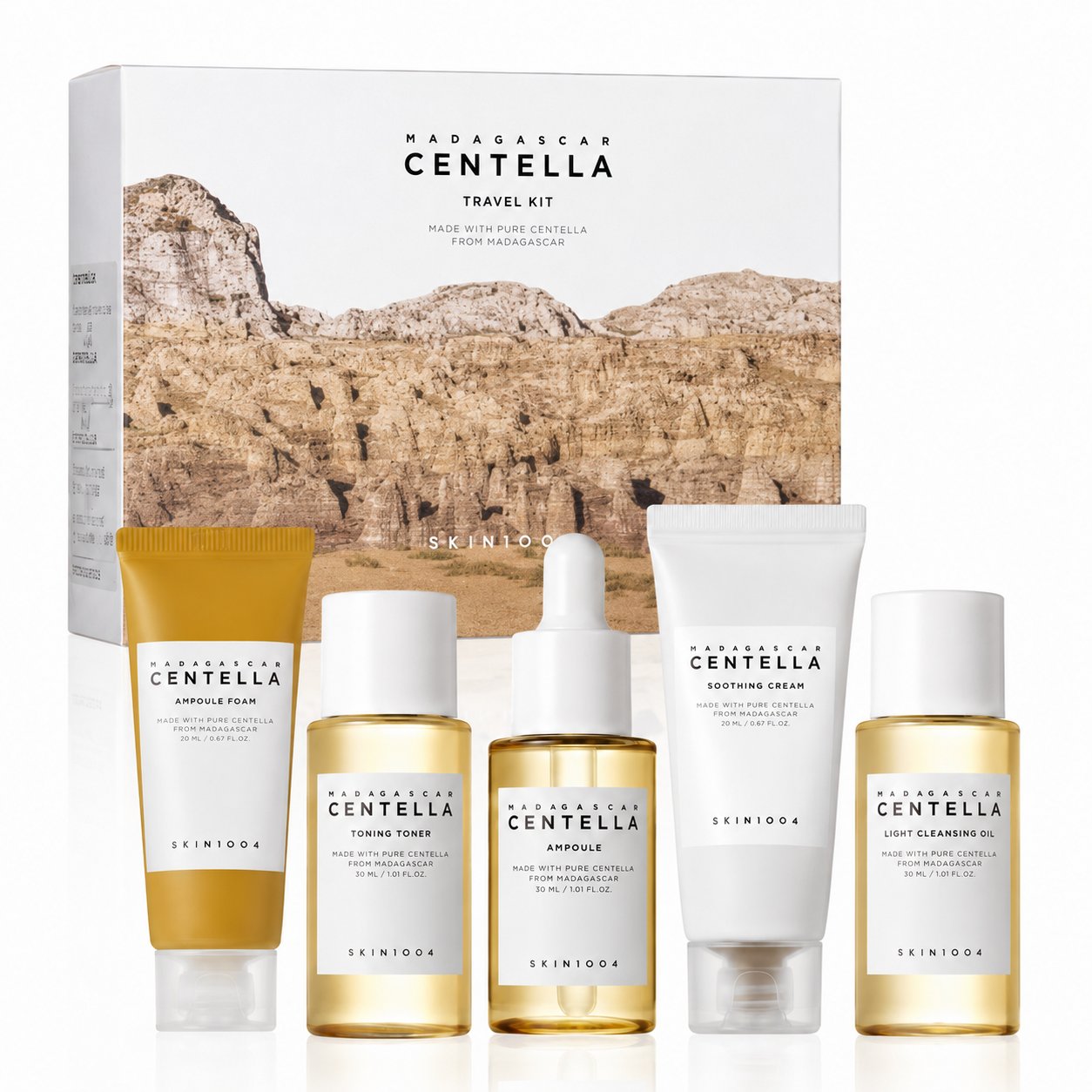 SKIN1004 Madagascar Centella Travel Kit — coffret 5 soins voyage : ampoule foam, toning toner, ampoule, soothing cream, light cleansing oil